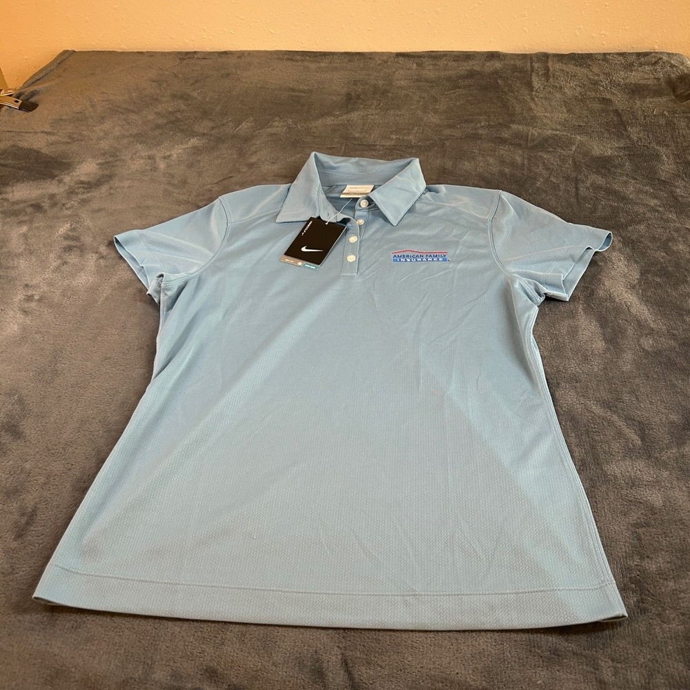 Nike Golf Dri‎ Fit Polo Shirt Womens Medium Light Blue American Family Insurance